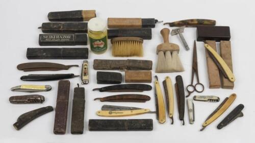 RAZORS: An assortment of Barbers tools including razors, scissors and brushes as well as a full 100g 'Spruso' gel container with broken lid.