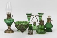 GREEN GLASS: A&nbsp;collection of green glass, including oil lamps&nbsp;