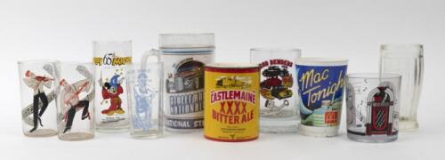 CUPS: A collection of assorted vintage and modern advertising glasses including 'Greig's Honey Olympic Pageant 1956' glass, tin/foam 'Castlemaine XXXX Bitter' can cooler and others. 10 pieces in total.