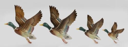 PORCELAIN DUCKS: A set of four vintage porcelain Mallard flying duck wall features