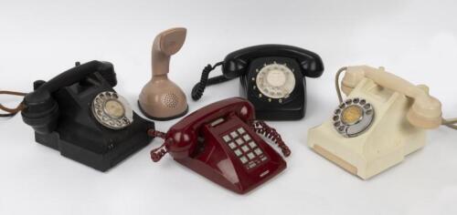 TELEPHONES: A group of five table phones including two 1950s 300 series, one Ivory, one Black, a 1960s Mushroom colour 'Ericofon' a rare 1960s Black 801 series and a 1990s push button model.
