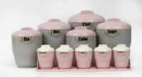 BRISTOLITE: A&nbsp;set of five Bakelite&nbsp;kitchen canisters in grey and pink, with a complete&nbsp;Bakelite spice set in pink and white&nbsp;with display tray&nbsp;