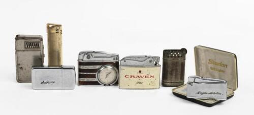 LIGHTERS: A selection of seven cigarette lighters including, a 'Sorna' lighter with clock, a 'Craven' branded lighter, and others, some engraved.