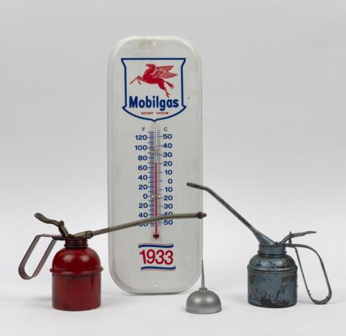 OILERS: A collection of three hand oilers, along with a reproduction Mobilgas thermometer, which measures 40.5cm high.