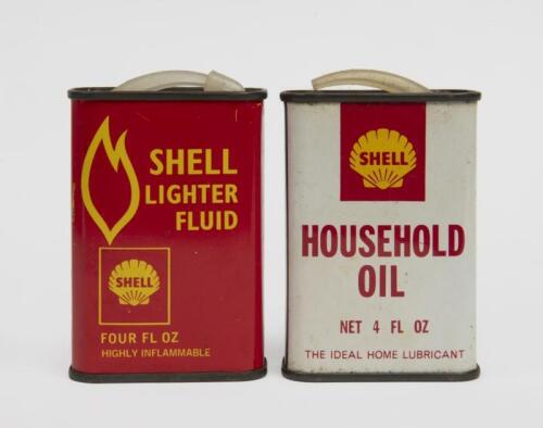 SHELL: Two original 4 fl oz Shell tins, one 'Household Oil' and one 'Lighter Fluid'.