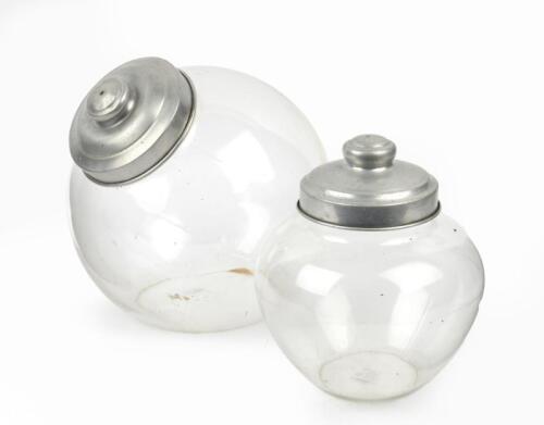 GLASS JARS: A set of glass counter displays jars with aluminium lids.