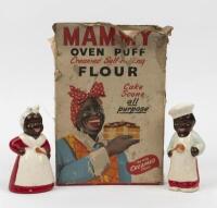 MAMMY: A&nbsp;pair of Black Americana Mammy and Pappy salt and pepper shakers made in Japan circa&nbsp;1950s, with a Mammy flour box.