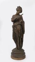 SCULPTURE: A spelter sculpture of a maiden&nbsp;playing the&nbsp;harp, approx&nbsp;63cm high including timber base.