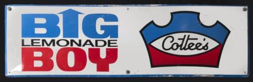 COTTEE'S: A large original 'Cottee's Big Boy Lemonade' tin sign with angled edges, printed by Standard Industries Pty Ltd Sydney, 45.5cm high, 161.5cm wide.