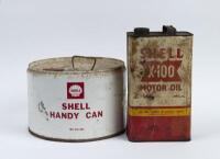 SHELL: Two cans&nbsp;including a one gallon 'Shell X-100 Motor Oil' can&nbsp;and a two gallon 'Shell Handy Can'.