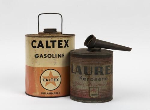 CANS: Two cans, a one gallon 'Caltex Gasoline' can and a half gallon 'Laurel Kerosene' can with pourer.