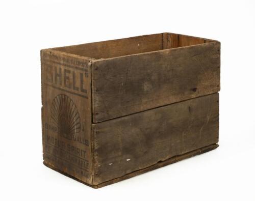 SHELL: A early timber 'Shell Motor Spirit crate, featuring clam shell logo printed to either end of crate. 53.5cm wide, 26.5cm deep, 36cm high.