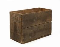 SHELL: A early timber 'Shell Motor Spirit crate, featuring clam shell logo printed to either end of crate. 53.5cm wide, 26.5cm deep, 36cm high.