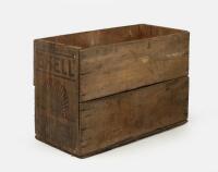 SHELL: A early timber 'Shell Motor Spirit crate, featuring clam shell logo printed to either end of crate. 53.5cm wide, 26.5cm deep, 36cm high. - 2