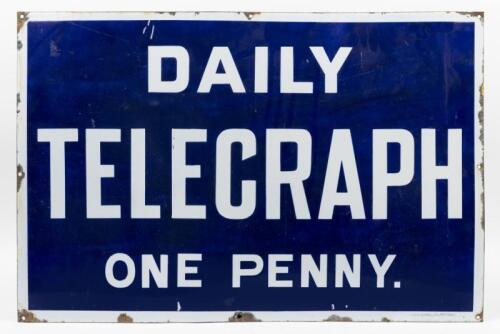 DAILY TELEGRAPH: An excellent white and blue enamelled 'Daily Telegraph - One Penny' sign, makers mark 'Aus.Enml.Co.Sydney'. 91cm wide, 61cm high.