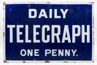 DAILY TELEGRAPH: An excellent white and blue enamelled 'Daily Telegraph - One Penny' sign, makers mark 'Aus.Enml.Co.Sydney'. 91cm wide, 61cm high.