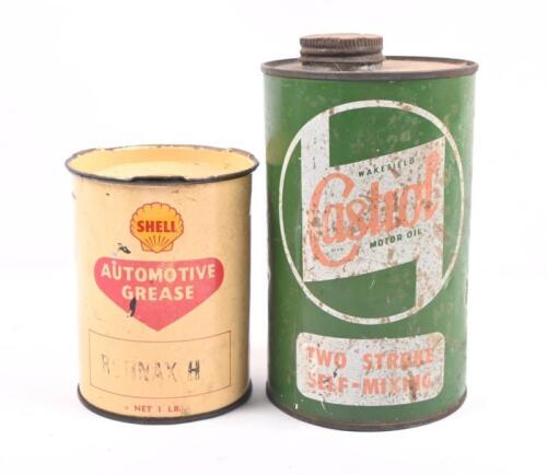 TINS: Two tins including a one quart 'Shell Automotive Grease' with contents inside, as well as a one lb 'Castol Motor Oil' tin
