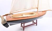 YACHT: A wooden sailing yacht&nbsp;model with fabric sails, complete with stand. approx 80cm long, 98cm tall.&nbsp; - 2