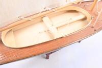 YACHT: A wooden sailing yacht&nbsp;model with fabric sails, complete with stand. approx 80cm long, 98cm tall.&nbsp; - 4