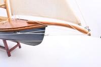 YACHT: A wooden sailing yacht&nbsp;model with fabric sails, complete with stand. approx 80cm long, 98cm tall.&nbsp; - 5