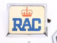 RAC: A collection of three RAC badges including early Royal Automobile Club of Victoria round grille badge, and two later RAC badges. Largest measures 10cm wide. - 2