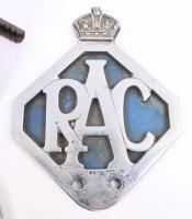 RAC: A collection of three RAC badges including early Royal Automobile Club of Victoria round grille badge, and two later RAC badges. Largest measures 10cm wide. - 4