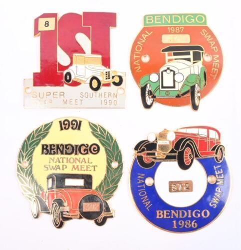 SWAP MEETS: A collection of four badges from Victorian swap meets including Bendigo 1986,87 & 91 and one other, largest 7cm wide.
