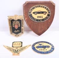 BADGES: A collection of four badges related to car shows including 'The Melbourne Classic Car Show' 1985 & 1987, Aston Martin Meeting 1987 and Austin Club QLD badge.&nbsp;