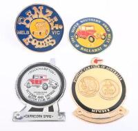 BADGES: A collection of four badges including Pontiac Car Club of Australia member badge & three others largest 8.5cm diameter.