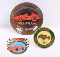 MOTORING: Three items including two Phillip Island classic badges 1981 & 1990 along with small glazed Gilltraps Auto Museum bowl.