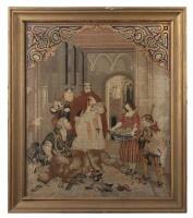 TAPESTRY: A framed&nbsp;antique tapestry featuring a medieval scene, with broken glass and molding detached, 98cm high, 84cm&nbsp;including frame&nbsp;