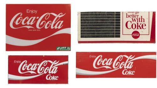 COCA COLA: A selection of four 'Coca-Cola' signs including a perspex 'Coca Cola' light box lens, approximately 90cm high, 121.5cm wide