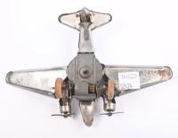 SILVER STREAK WIND UP PLANE: A pressed metal, wind up vintage toy plane, has silver streak across the wings, possibly Japanese made, has key but not original, approx 13cm in length&nbsp; - 4