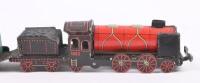 STEAM TRAIN WIND UP TOY: An English made&nbsp;pressed metal wind up toy locomotive with tender and powered wagon,&nbsp;believed to be 1950's, comes with a piece of track, not tested&nbsp; - 2