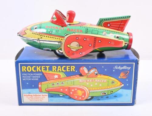 ROCKET RACER: A modern tin toy friction powered rocket racer model by Schylling. Boxed. 19cm long.