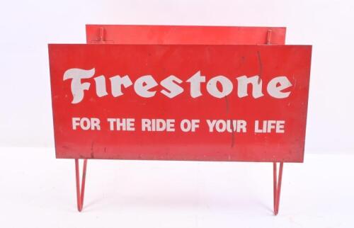 FIRESTONE: A c1970s original Firestone tyre rack, complete with stand, approx 38cm wide, 27cm high, 24cm deep.