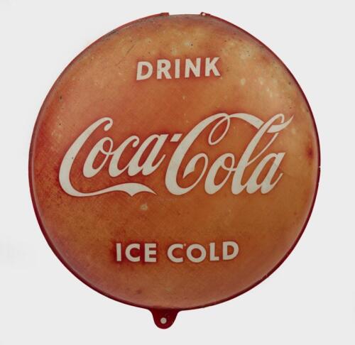 COCA COLA: A interesting light plastic 'Drink Coca Cola Ice Cold' advertising button, 41cm diameter.