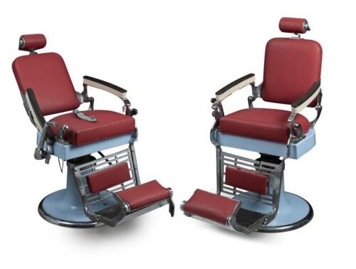 BARBERS CHAIR: A pair of heavy circa 1950s/1960s barbers chairs made by the 'Raynor Chair & Equipment Co' of South Melbourne
