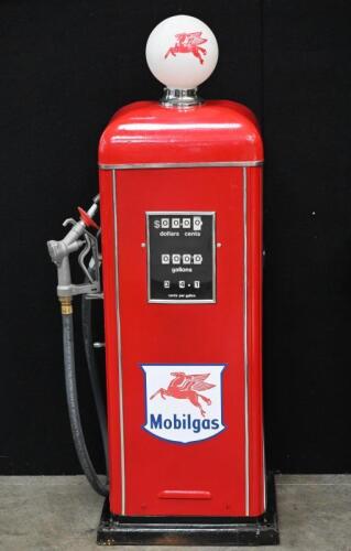 MOBIL: A restored industrial sized Gilbarco petrol pump in 'Mobilgas' livery, with 'Pegasus' globe affixed to top, 142cm high