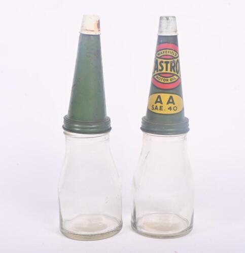 OIL BOTTLES: Two original early style, one imperial pint, Vacuum Oil Co. glass bottles with tin tops, one with Castrol Wakefield 'AA SAE.40',
