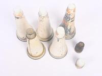 TIN TOPS: A collection of five Mobil tin top oil pourers each with dustcaps, along with a selection of 12 tin dust caps, white and gold for Mobil tops.&nbsp; - 2