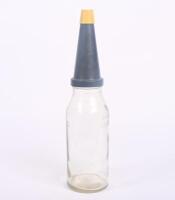 SHELL: An original glass one imp quart&nbsp;'Clam Shell' logo oil bottle with later added plastic top.
