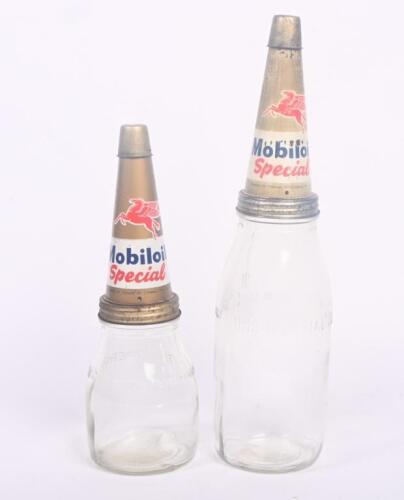 MOBIL: Two original Mobiloil 'Special' tin tops fitted to one imperial quart and pint glass oil bottles