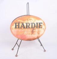 TYRE RACK: A c1970s tyre&nbsp;rack holder with Hardie Safetibond advertising to one side and later Firestone decal applied to other.&nbsp;
