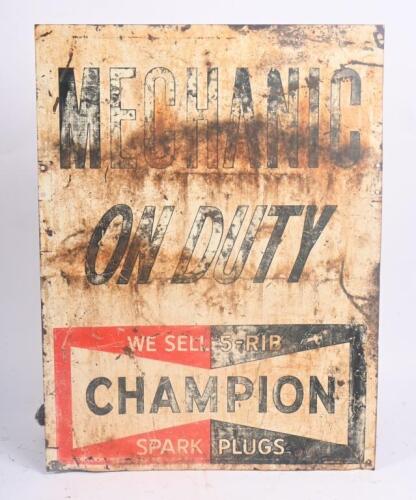 CHAMPION: A rare double sided Champion spark plugs 'Mechanic On Duty' sign, 61cm high.