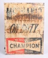 CHAMPION: A rare double sided Champion spark plugs 'Mechanic On Duty' sign, 61cm high.