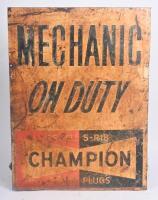 CHAMPION: A rare double sided Champion spark plugs 'Mechanic On Duty' sign, 61cm high. - 5
