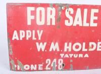 SIGN: A single sided metal sign 'For Sale - Apply - W.M. Holden Tatura Phone 248'&nbsp; - 2
