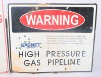 SIGNS: Two signs including enamel warning 'High Pressure Gas Pipeline' sign and one other. Largest approx 45cm wide - 2