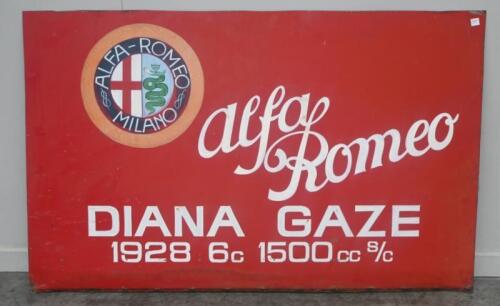 ALFA ROMEO: A hand painted metal Alfa Romeo 'Diana Gaze 1928 6c 1500cc s/c' sign, cut from the transporter of Gaze's 6C. 112cm wide.